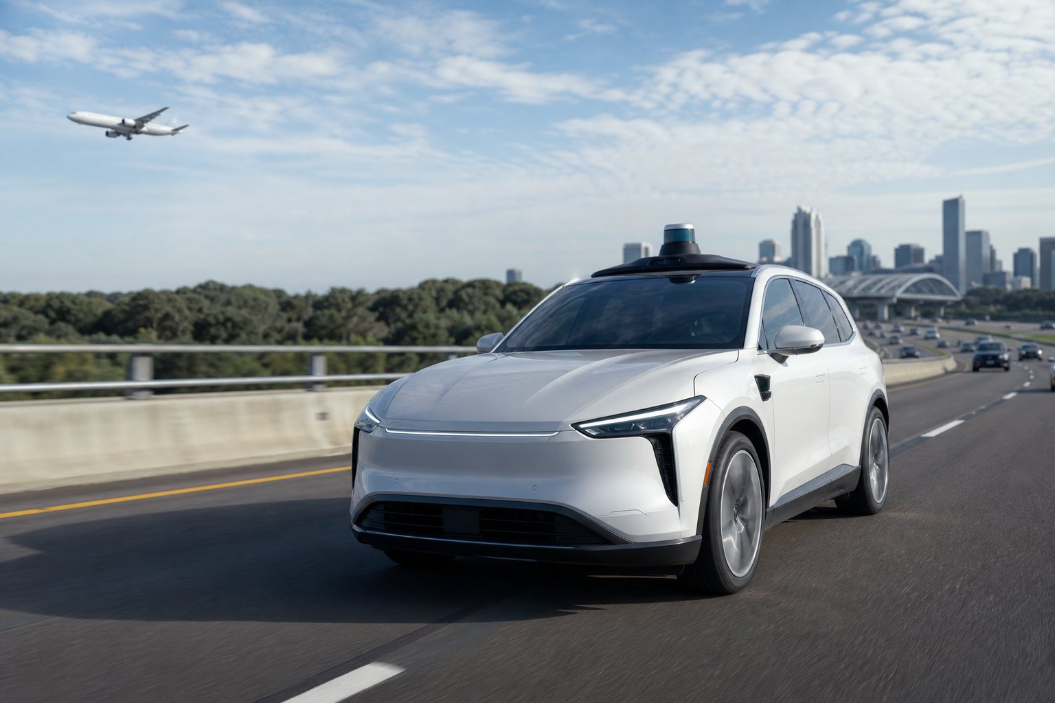 Automated vehicle traveling on an American highway during daylight, with no visible text, license plates or logos