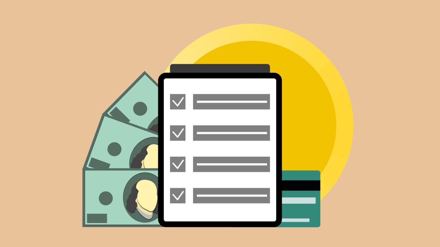 Tablet com marcas de verificação ao lado de cédulas de dólar e um cartão de crédito.